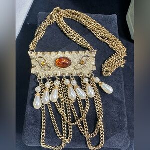 Vtg: Victorian Revival Glass Honey Amber Cabochon & Faux Pearl Tasseled Necklace